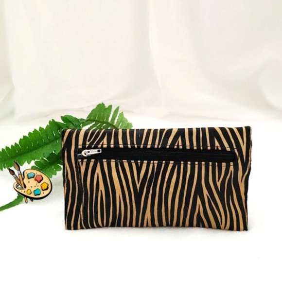 HAND PAINTED Zebra Animal Print Wallet Genuine Leather Tan Brown Black Bills Zip - Picture 3 of 11